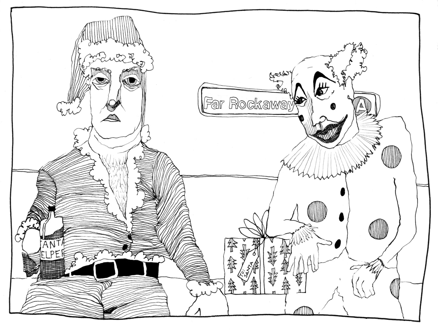 Illustration of a drunk mall Santa with a bottle of hooch and a clown on the A train headed to Far Rockaway.