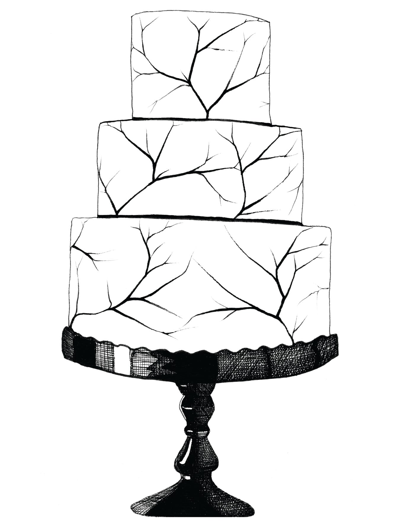 Black and white illustration of a tiered cake with leaf patterns on a white background