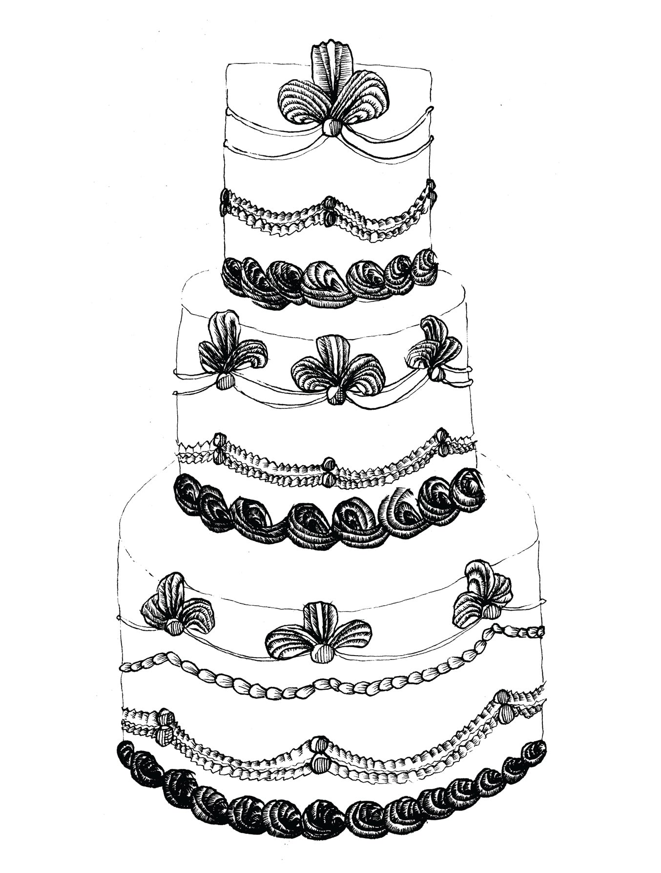 Black and white illustration of a multi-tiered cake with decorative elements.
