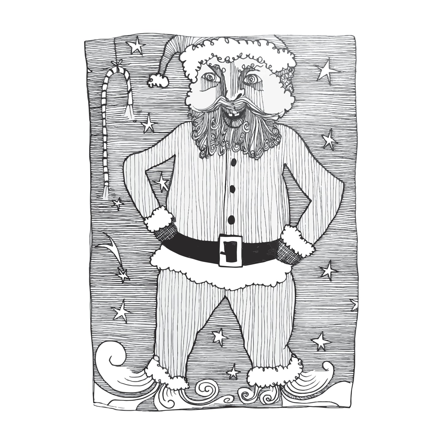 black and white illustration of a crazy eyed, sugar addicted Santa Claus flying after a candy cane tied to a string on a starry night