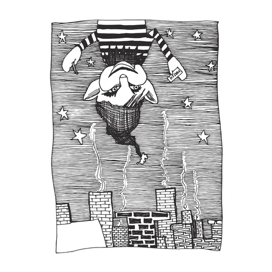 black and white illustration of an upside down, grinning elf, with a book of matches, ready to strike, as he lights fires in a sea of chimneys on Christmas eve