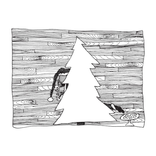 black and white illustration of santa claus hiding behind a christmas tree, peeking straight at you, in your wooden walled livingroom, while stealing cookies from a platter