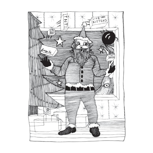 black and white illustration of santa juggling live kittens, tnt, a bomb, and one front tooth, all while a reindeer looks on in disbelief