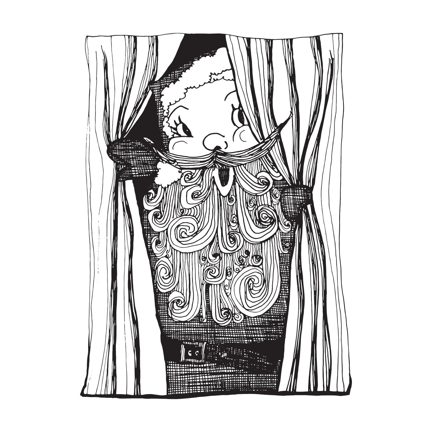 black and white illustration of a jolly santa peeking from behind curtains