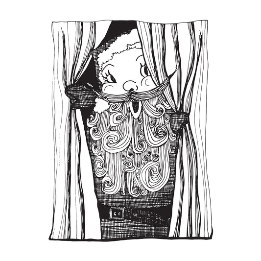 black and white illustration of a jolly santa peeking from behind curtains