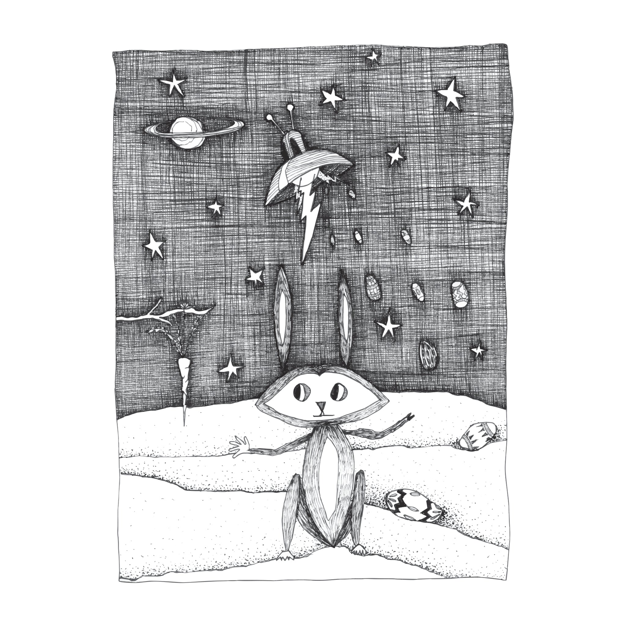 black and white illustrated easter card with carrot tempting bunny while space ship delivers eggs behind bunny's back..