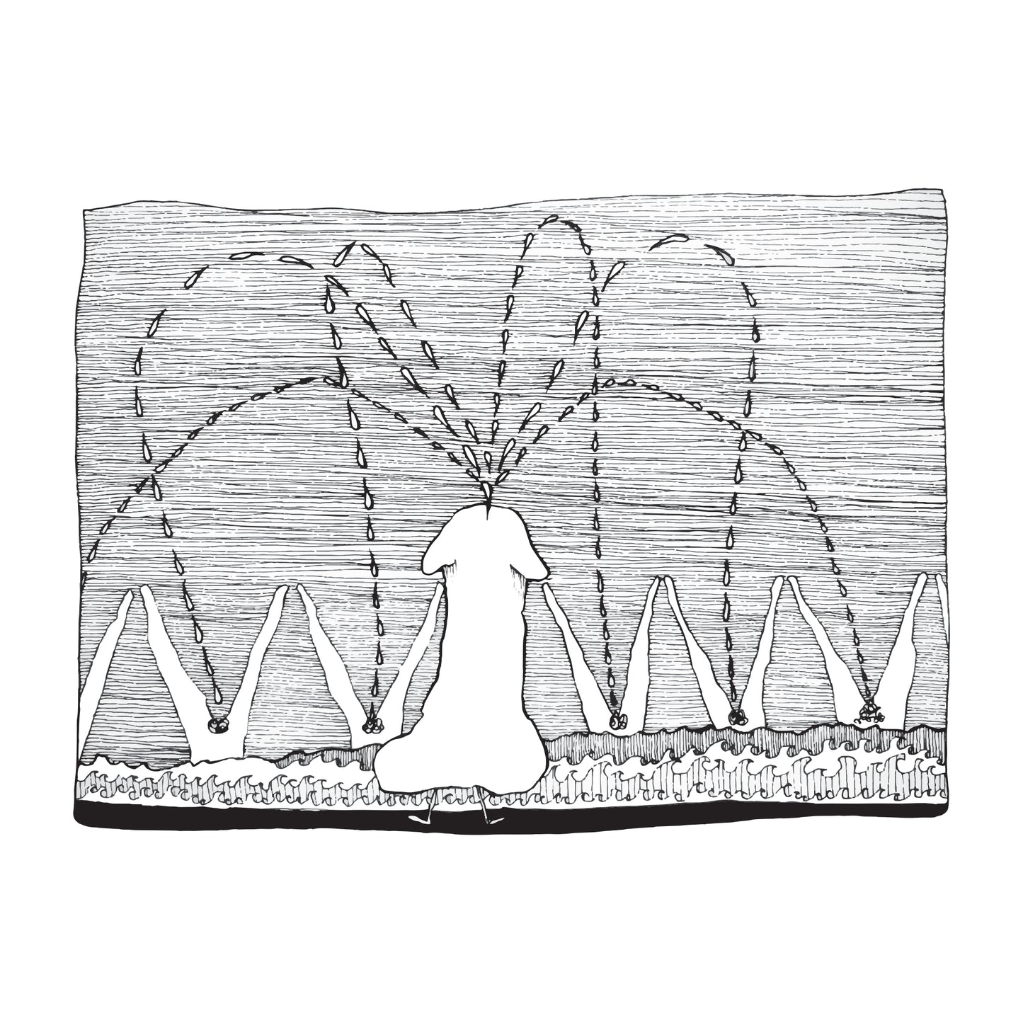 black and white illustrated large penis on tiny legs ejaculating toward a sea filled with open legs.