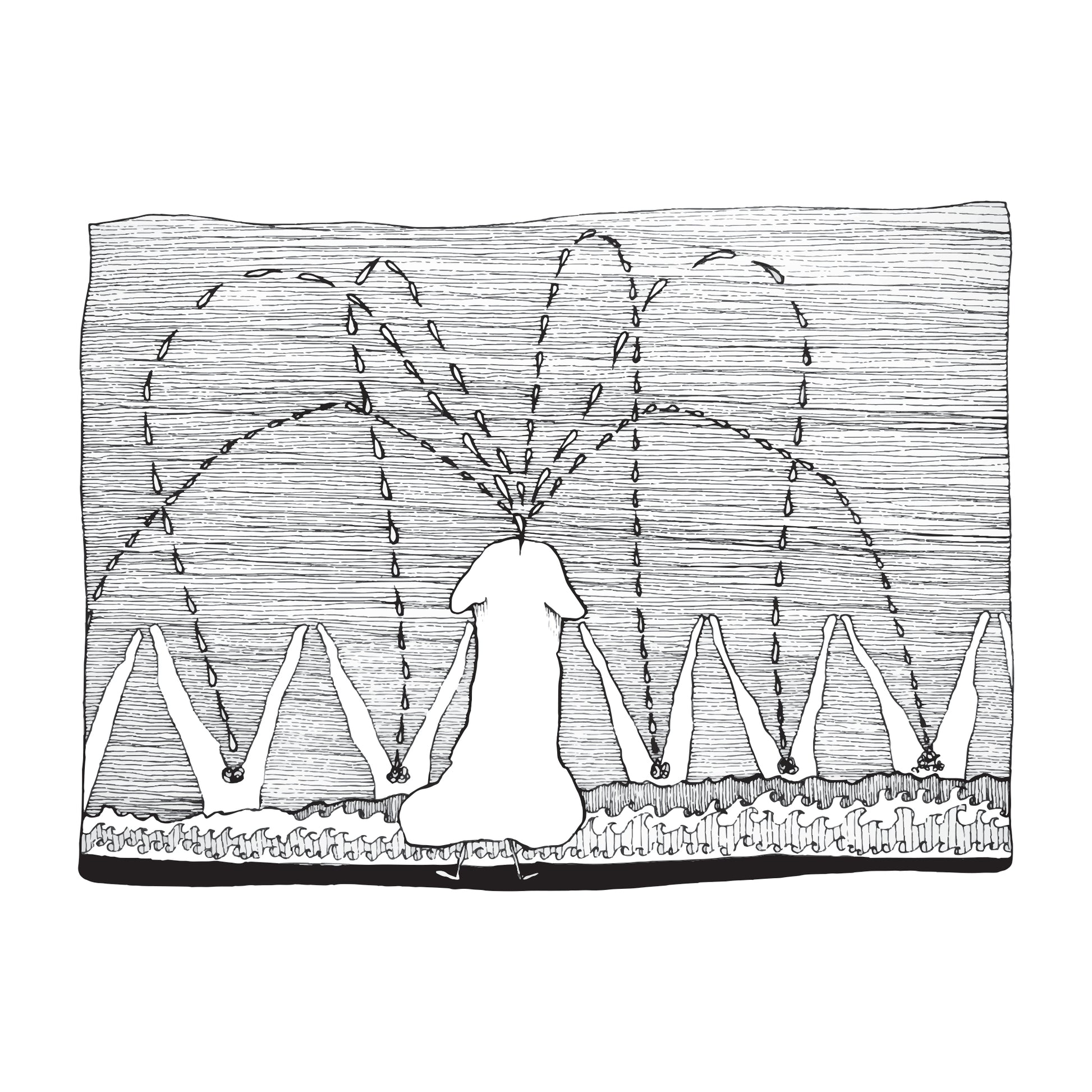 black and white illustrated large penis on tiny legs ejaculating toward a sea filled with open legs.