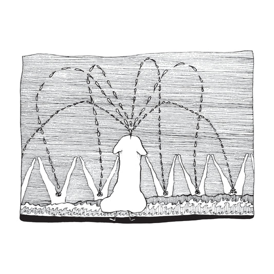 black and white illustrated large penis on tiny legs ejaculating toward a sea filled with open legs.