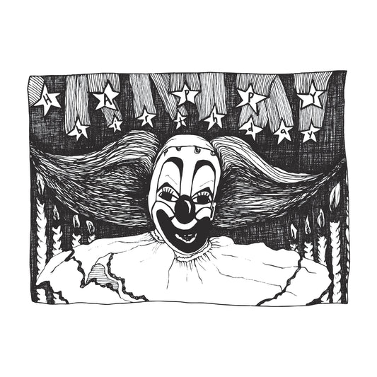 black and white illustration of a rough looking clown with hair like Bozo, in front of 8 1/2 lit candles with stars falling from the sky that spell happy birthday