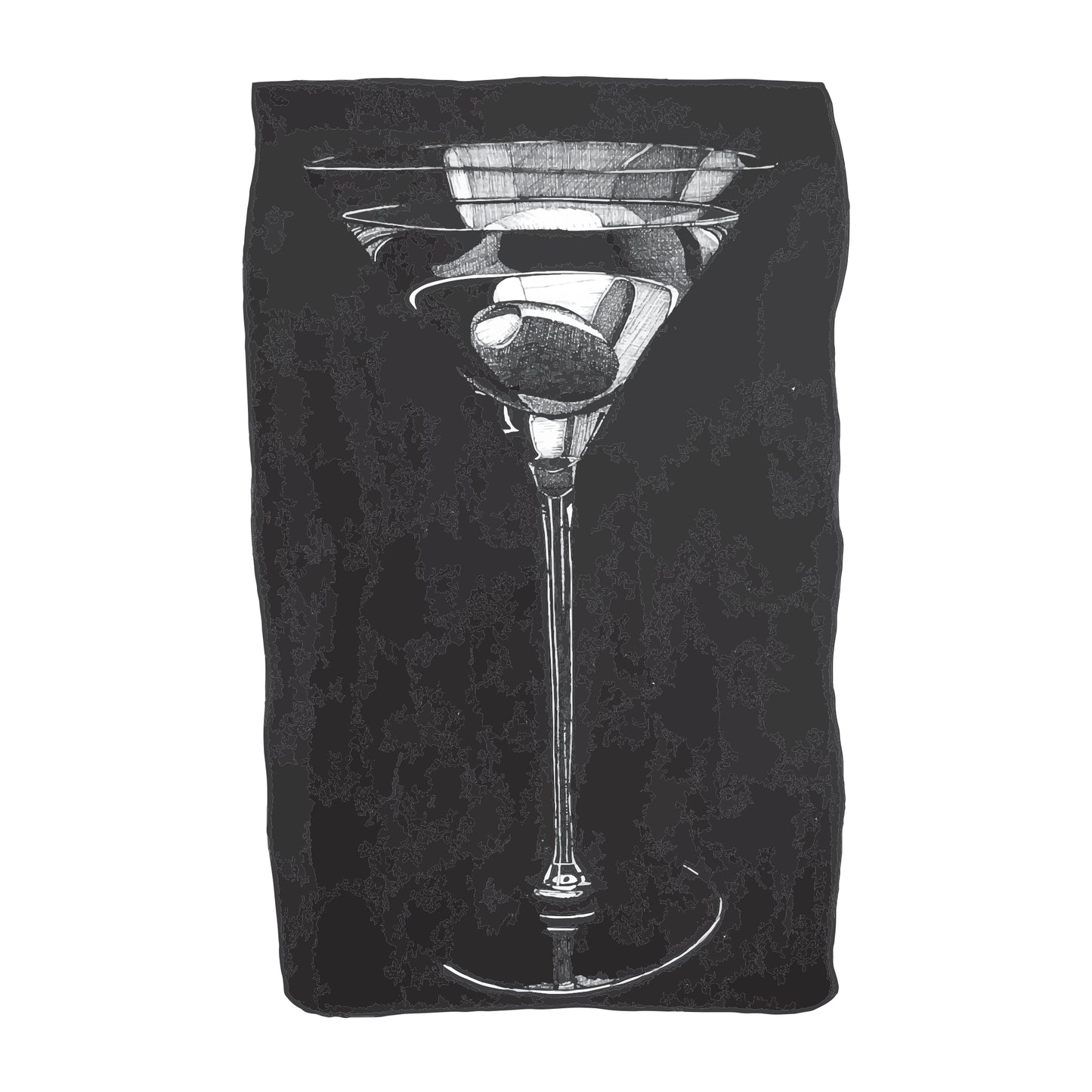black and white illustration of a martini in an up glass with olive