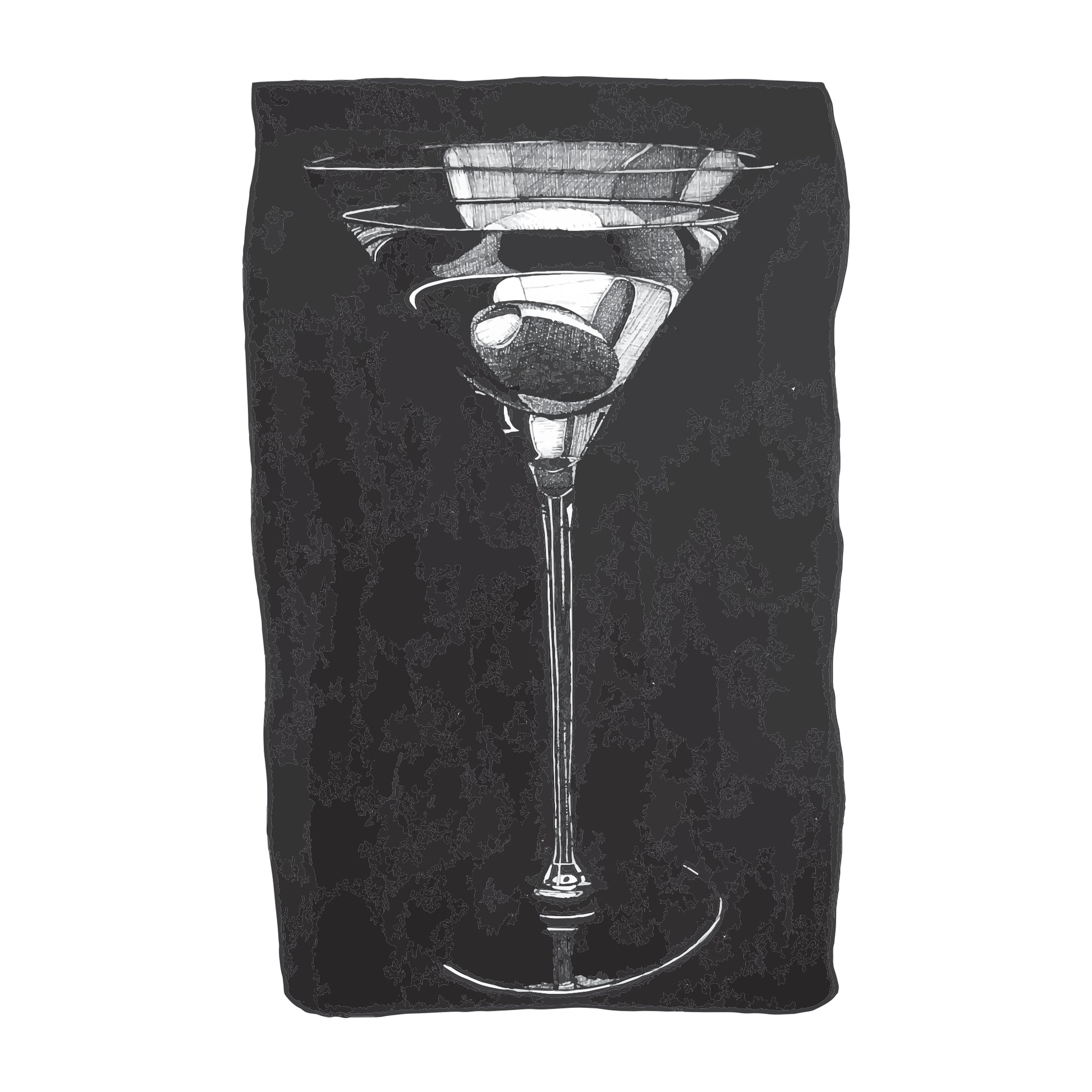 black and white illustration of a martini in an up glass with olive