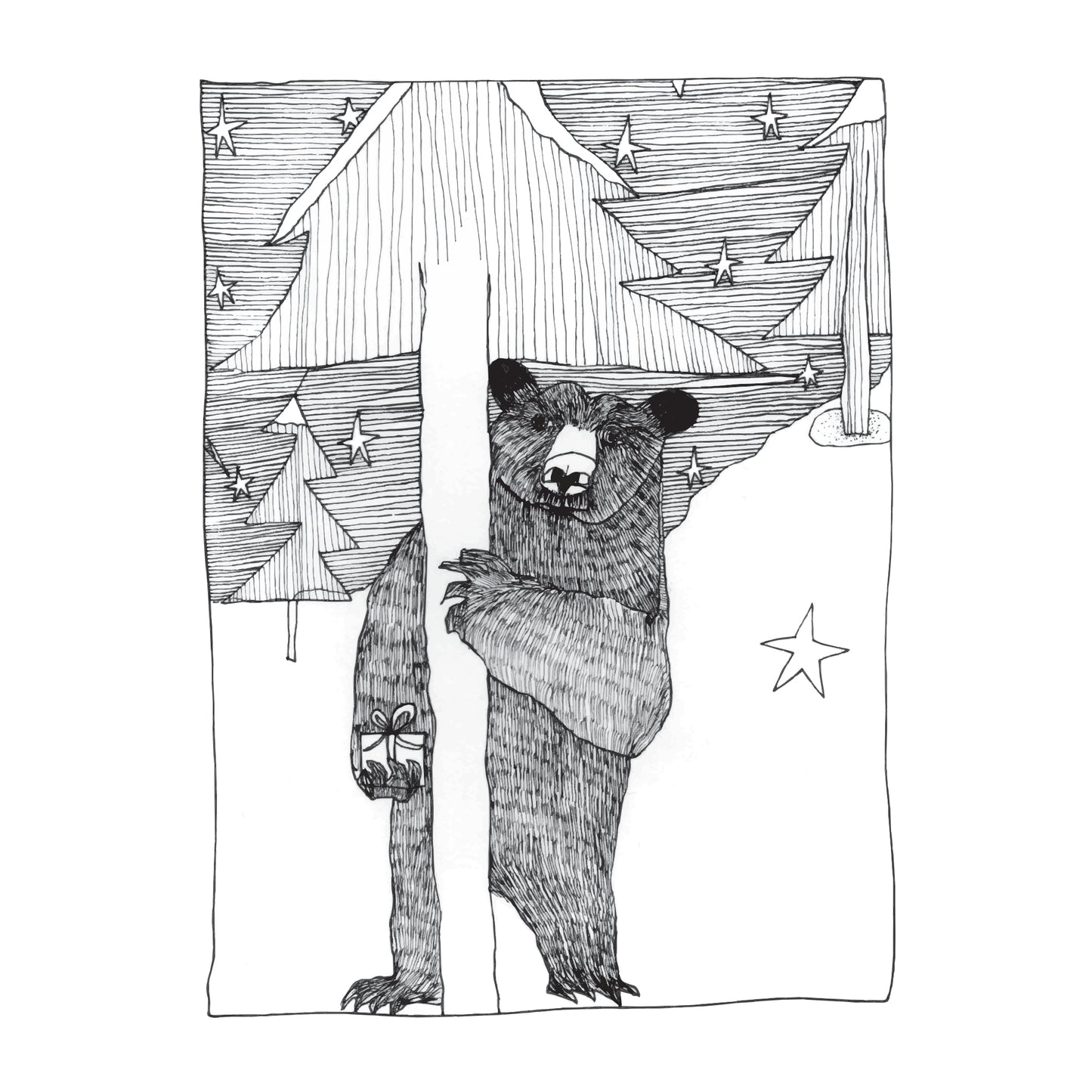 black and white illustration of a shy bear hiding behing a snow covered tree, at the edge of the forest, on a strarry night with a gift in his right paw