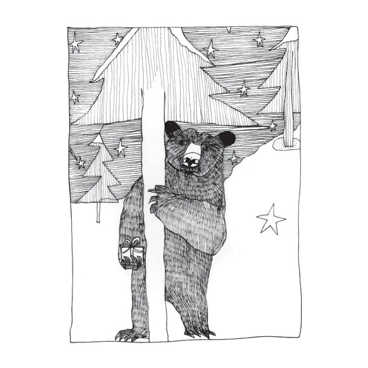black and white illustration of a shy bear hiding behing a snow covered tree, at the edge of the forest, on a strarry night with a gift in his right paw