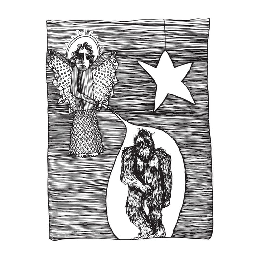 black and white illustration with a floating angel pointing to bigfoot with a star dangling in the sky.