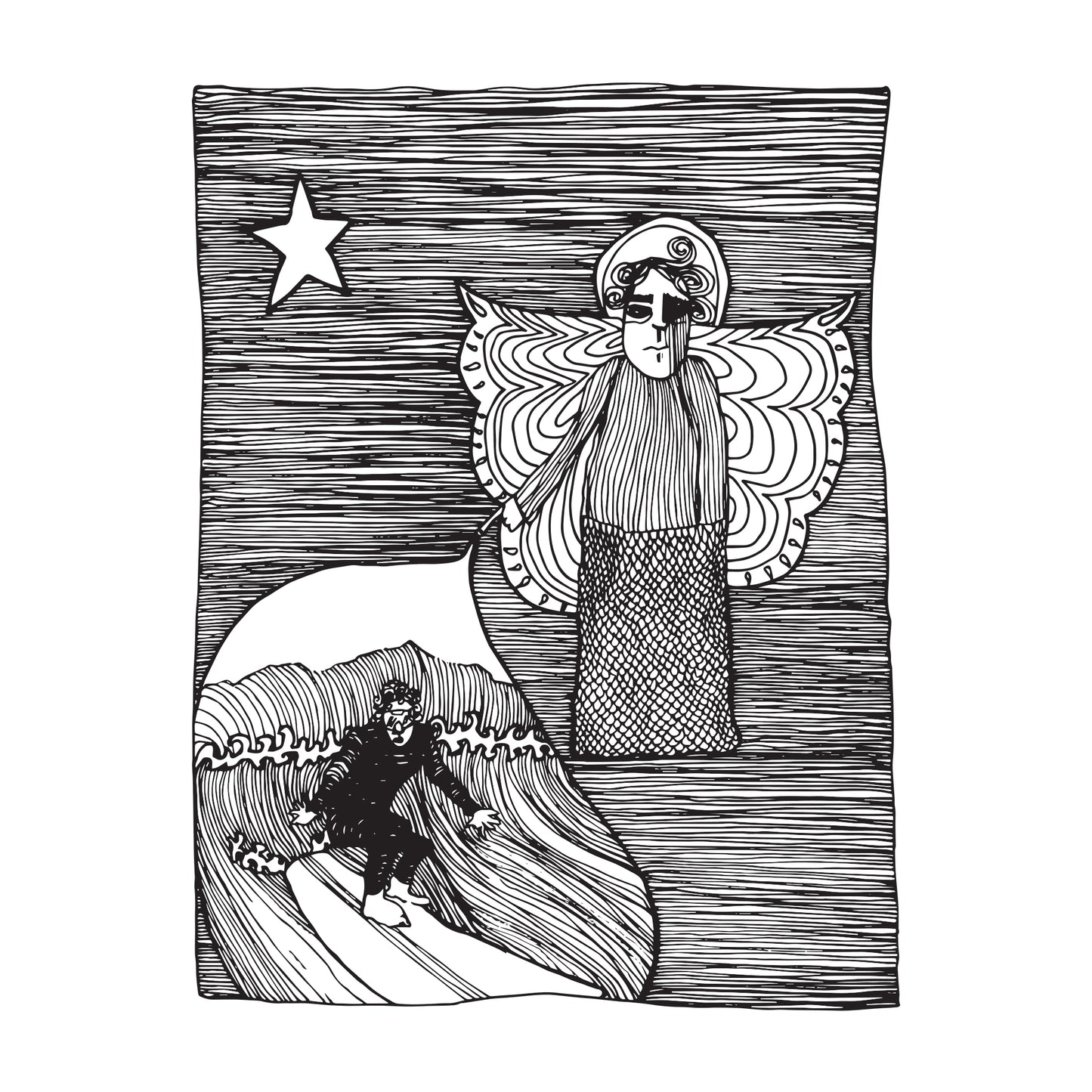 black and white illustration of an angel, on a single star filled night, pointing at a surfer on a long board riding a wave