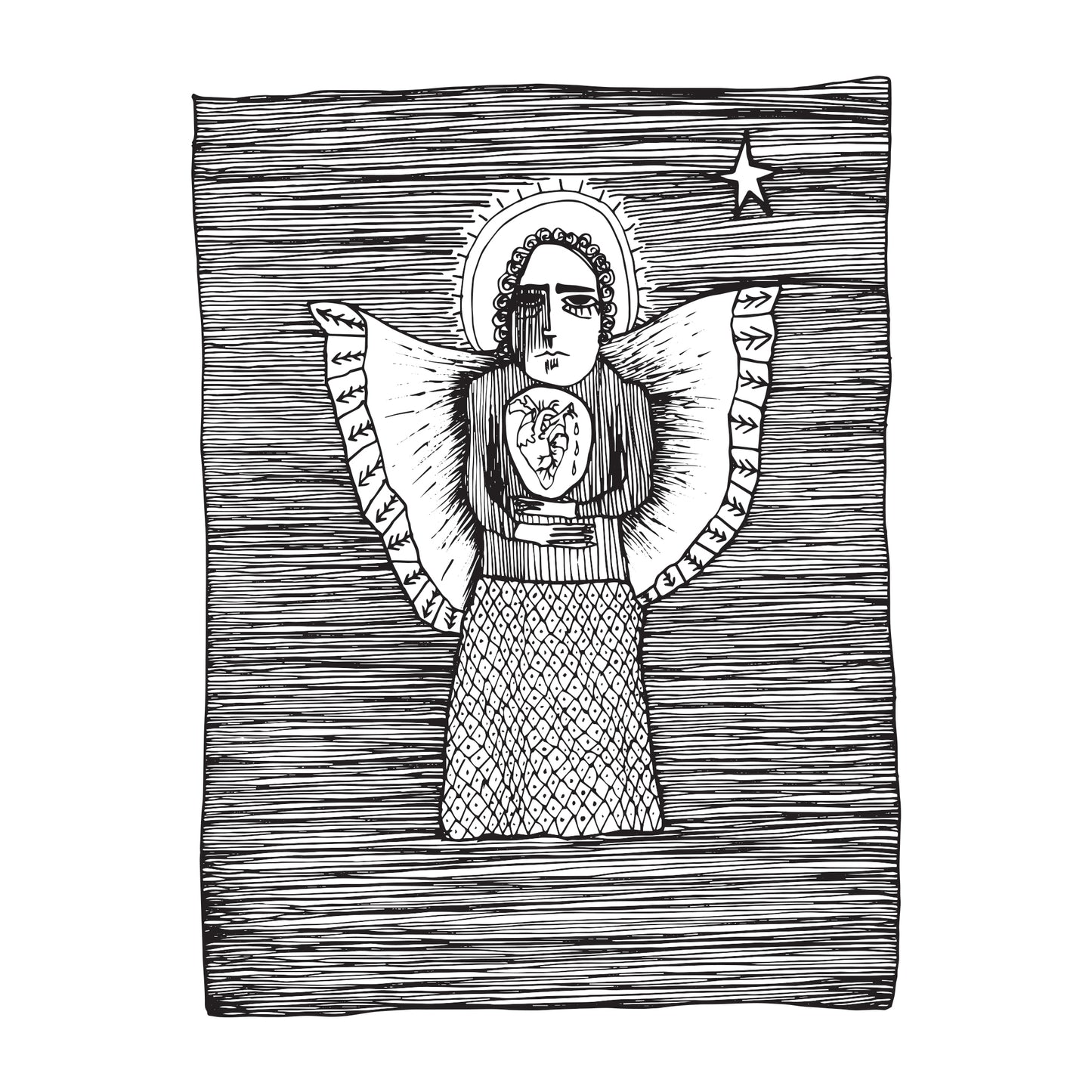 black and white illustration of an angel, with a star over their left shoulder, protecting a bleeding heart in their chest 