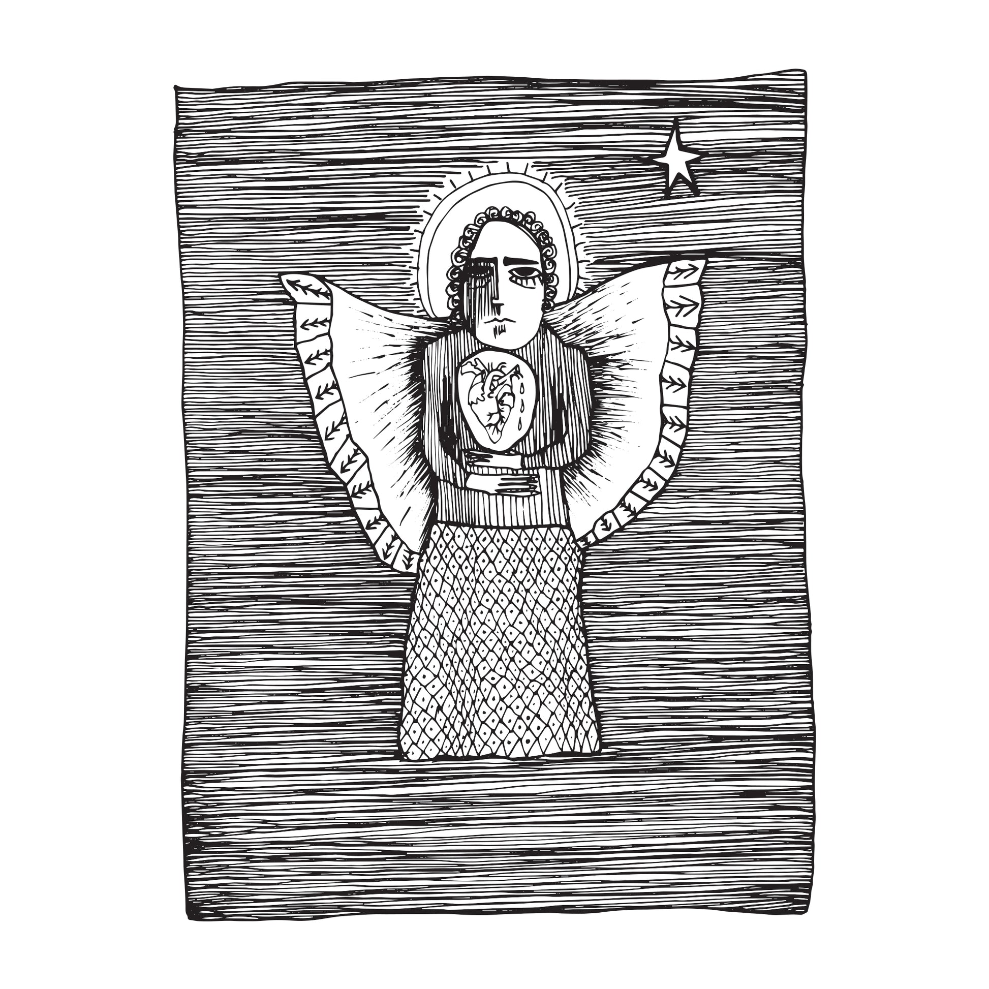 black and white illustration of an angel, with a star over their left shoulder, protecting a bleeding heart in their chest