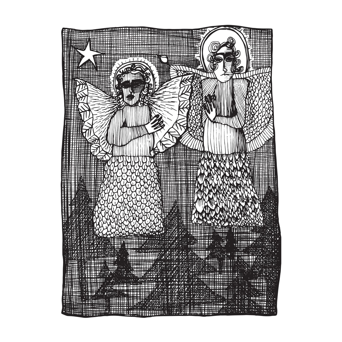 black and white illustration of two angels, together floating over trees on a night with one star shining