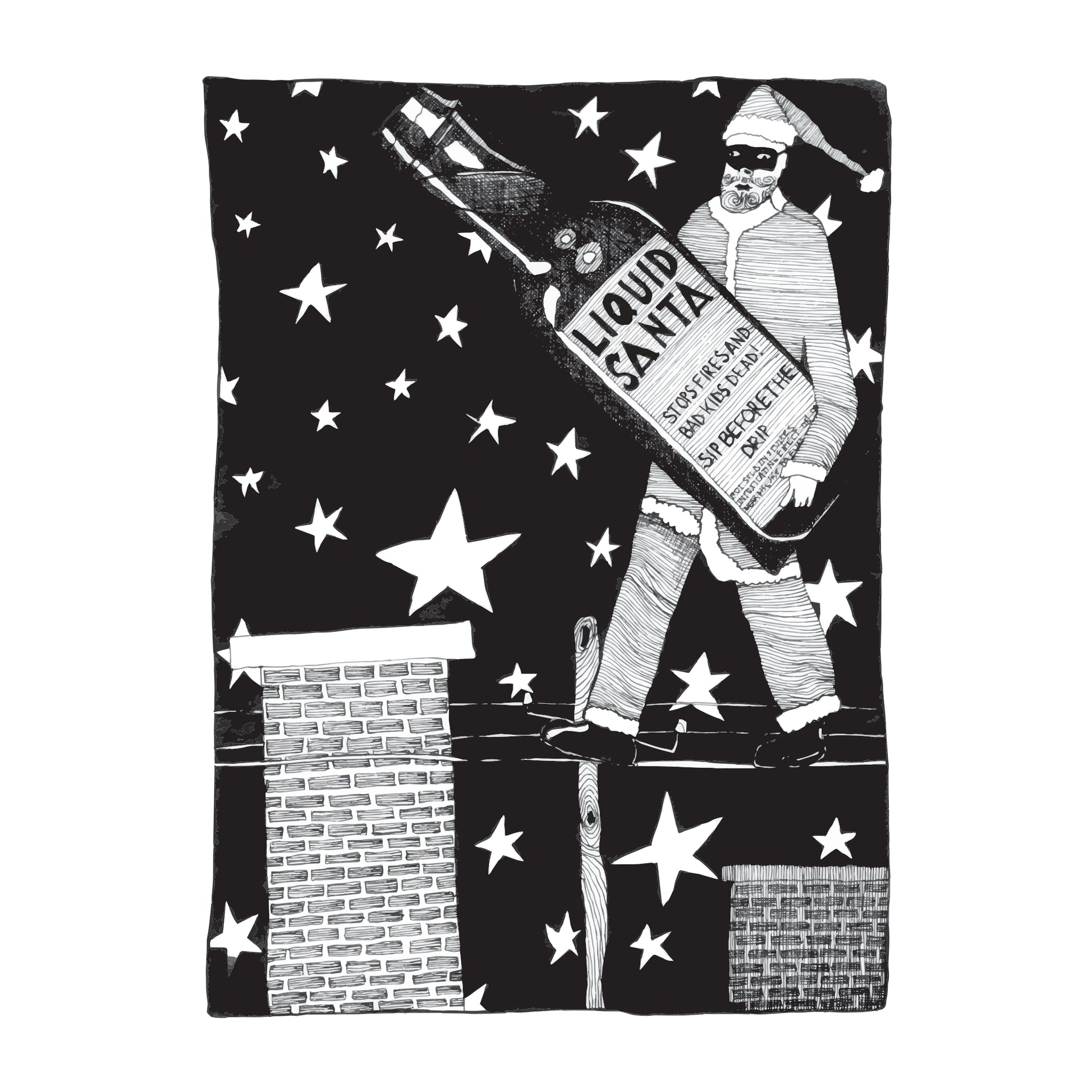 black and white illustration of masked santa walking on wires with a large bottle of poison ready to pour down a chimney