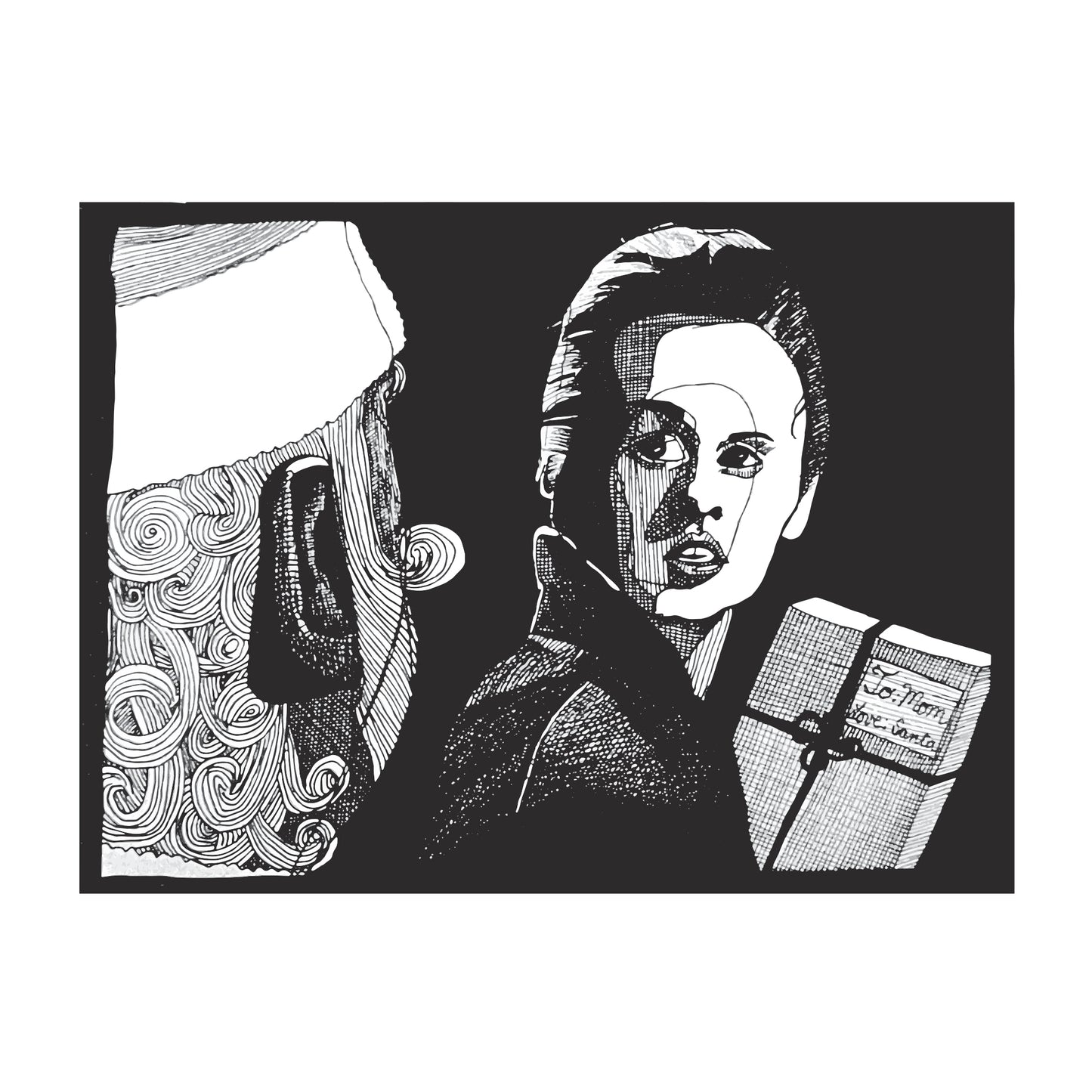 black and white noir style illustration of a woman with a gift that says "to mom, from santa" on the tag she is looking over her shoulder at Santa looming behind her