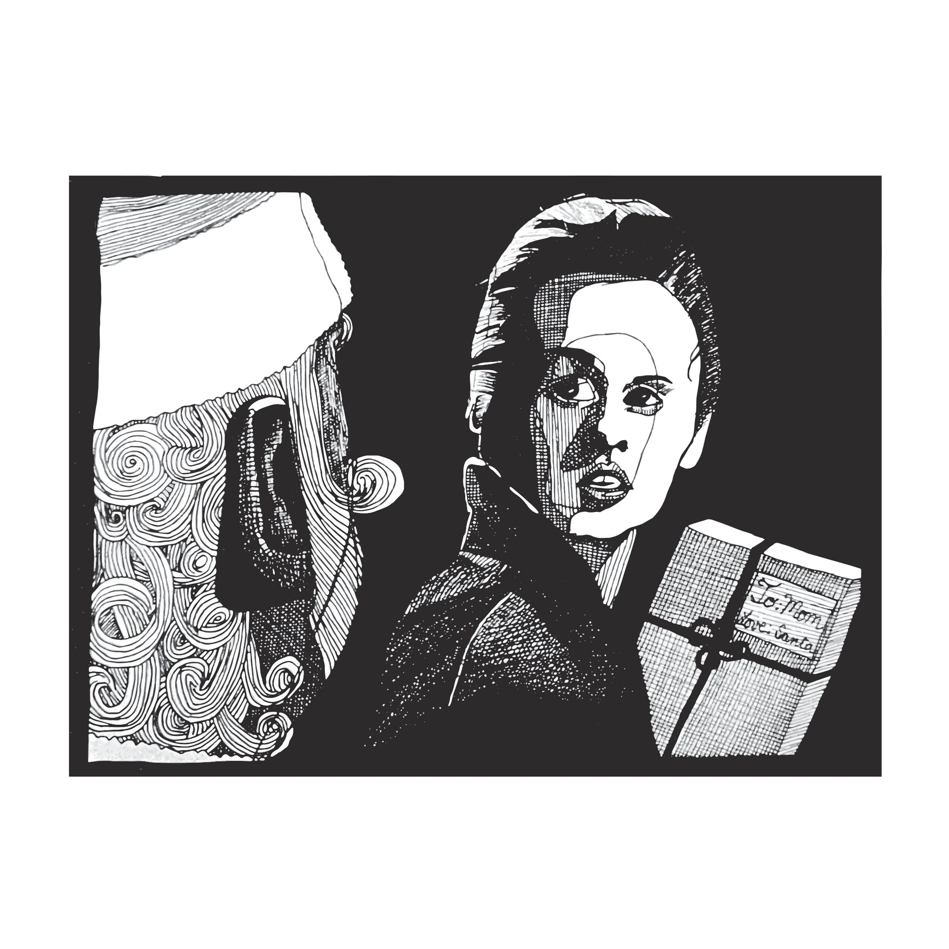 black and white noir style illustration of a woman with a gift that says "to mom, from santa" on the tag she is looking over her shoulder at Santa looming behind her
