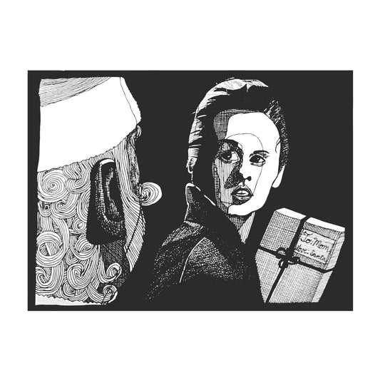 black and white noir style illustration of a woman with a gift that says "to mom, from santa" on the tag she is looking over her shoulder at Santa looming behind her