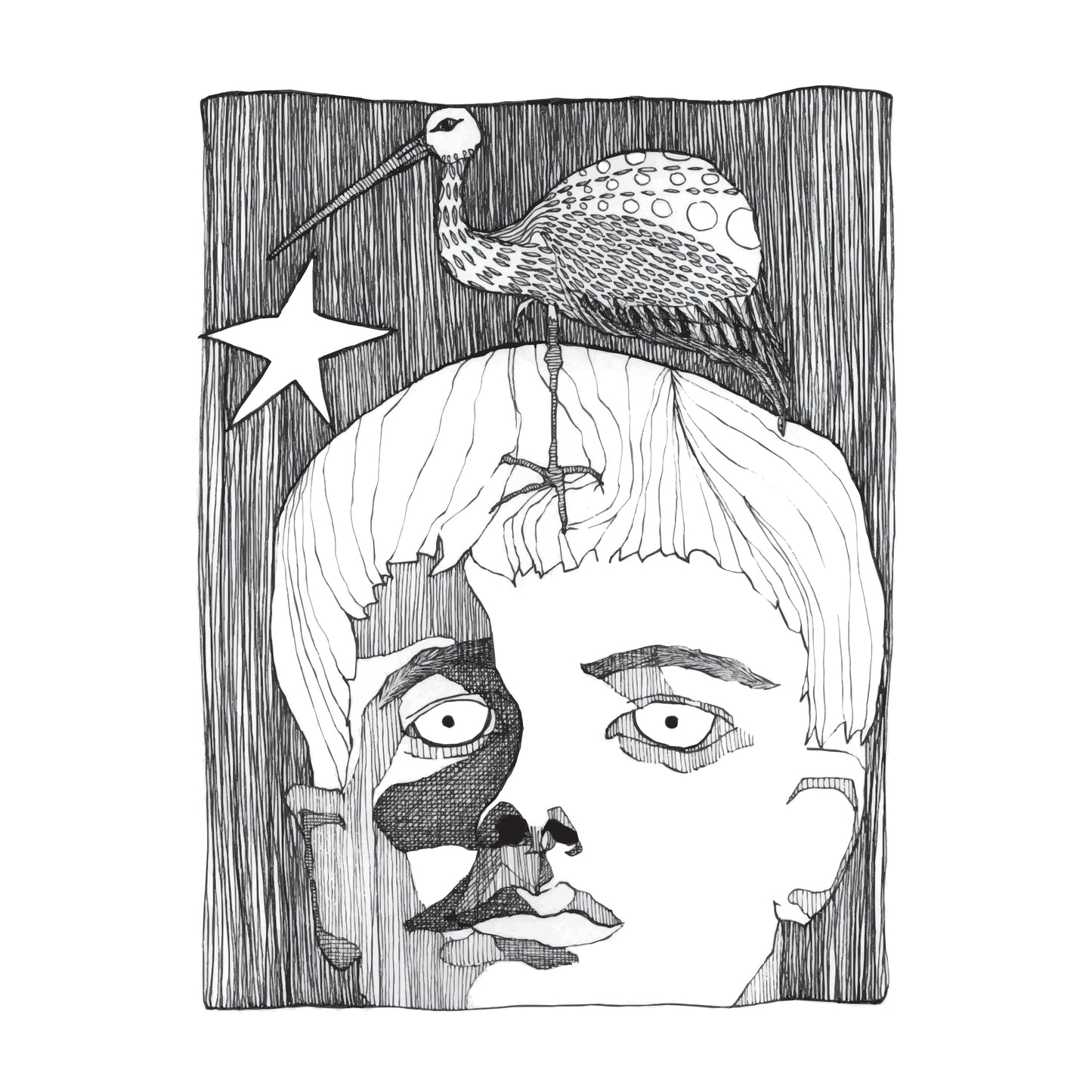 black and white illustration of a stork standing upon a boy zombies head on a night with one star in the sky