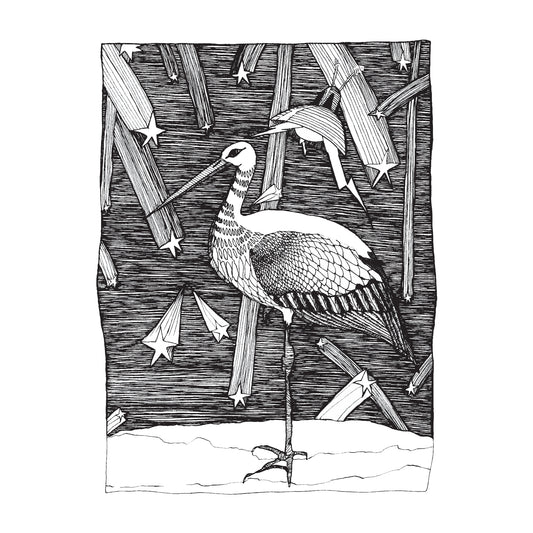 black and white illustration of a stork standing on one leg, a spaceship in the sky, all surrounded by shooting stars