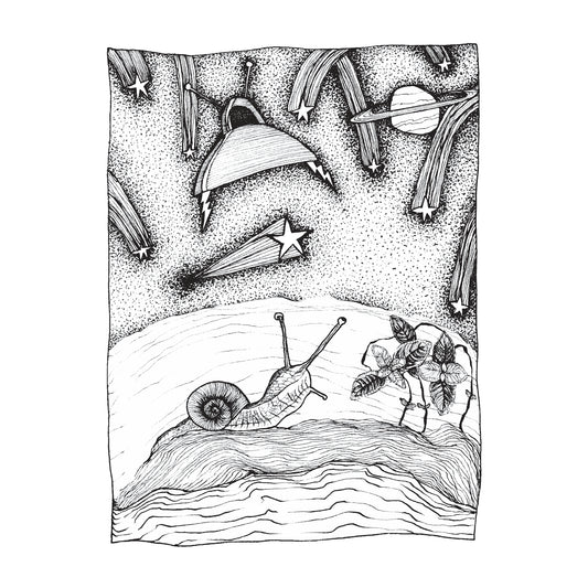 black and white illustration of a snail looking up at a space ship on a night with stars falling all around