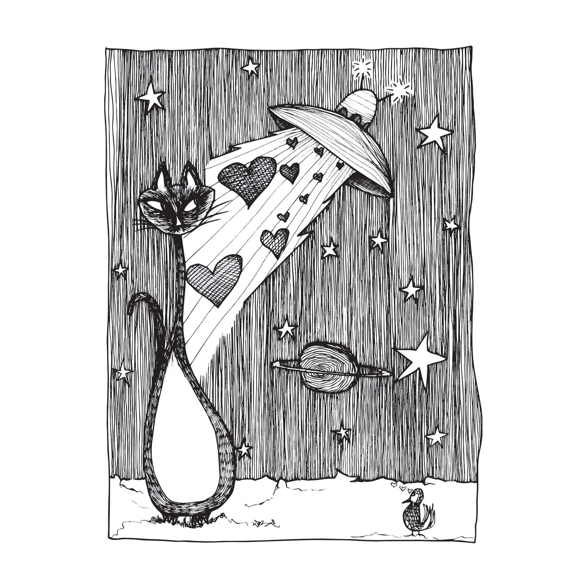 black and white illustration of a cat in space being showered by hearts from a spaceship