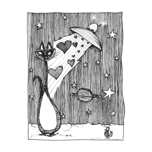 black and white illustration of a cat in space being showered by hearts from a spaceship