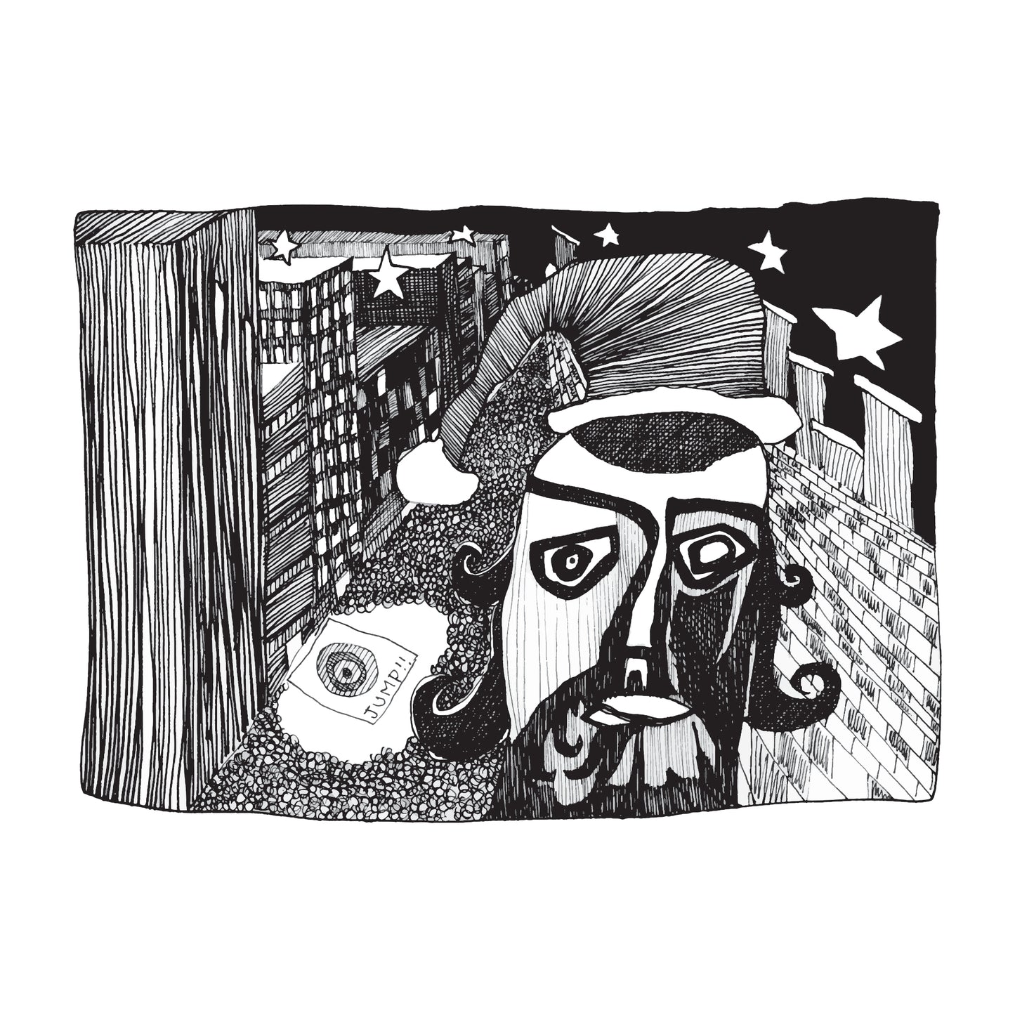 black and white illustration of santa over a mob of people surrounding a bulls eye that says jump