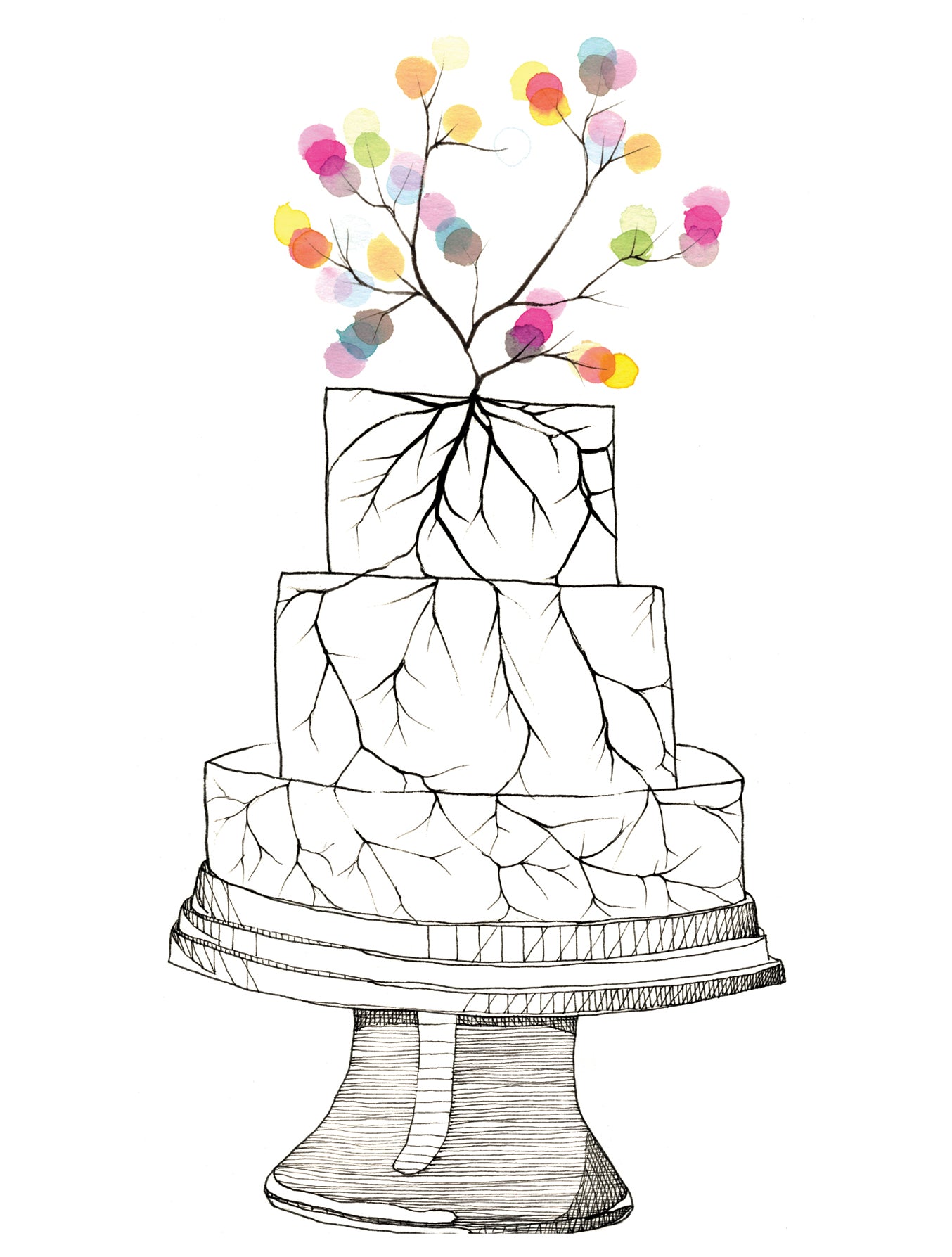 Black and white illustration of a cake with colorful flowers on top