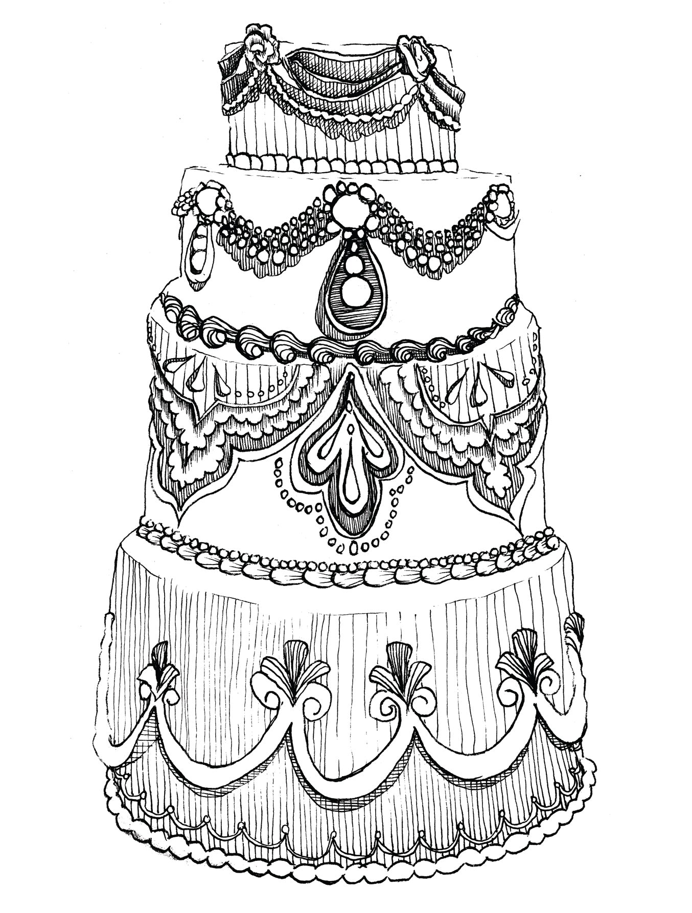 Detailed black and white illustration of a decorative cake