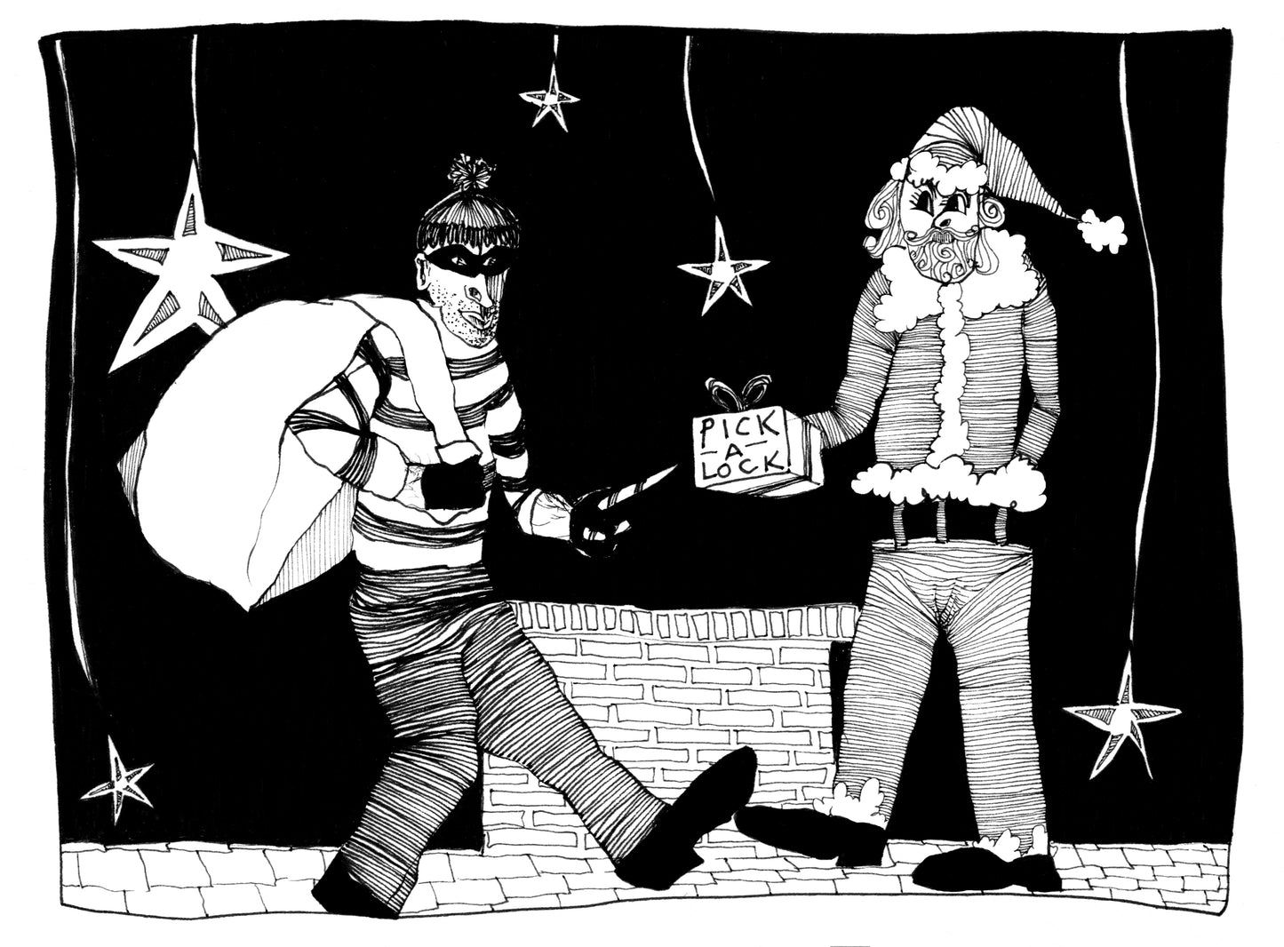 Illustration of a thief with a bag and a person in a Santa suit holding a sign saying 'Pick a lock' against a black background with stars.