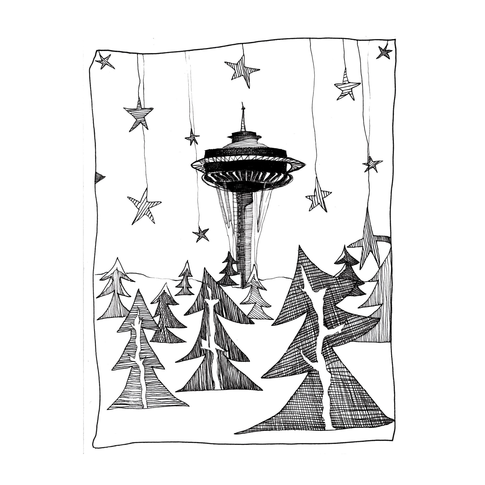 The Space Needle In Winter Greeting Cards Black Line Rainbows The space needle in winter greeting cards black line rainbows