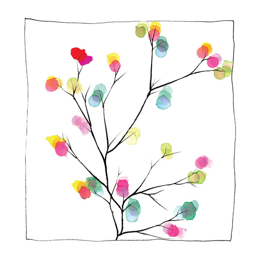 A greeting card with a watercolor illustration of a branch with colorful blossoms.