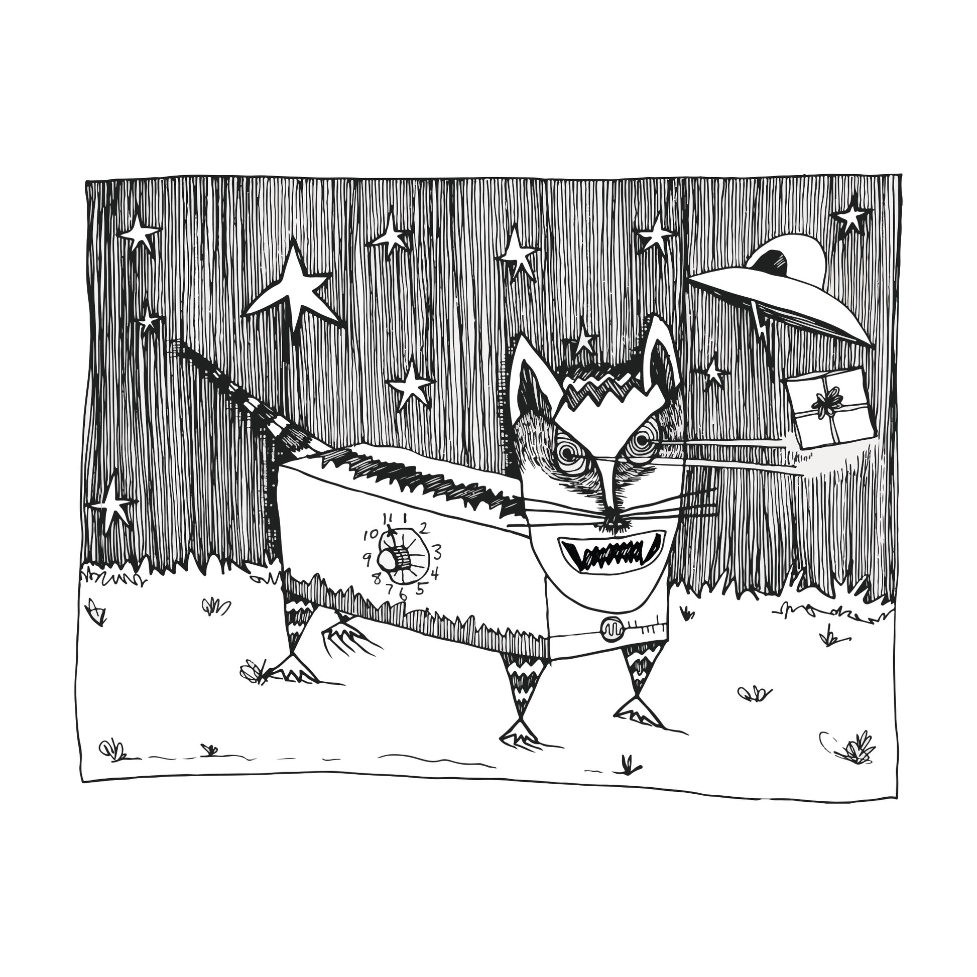black and white illustrated birthday or holiday card with crazy eyed cat shooting lasers out of its eyes at a gift from a spaceship.
