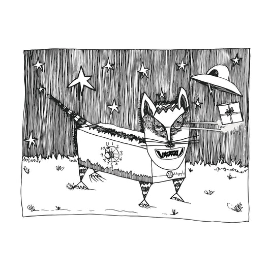 black and white illustrated birthday or holiday card with crazy eyed cat shooting lasers out of its eyes at a gift from a spaceship.