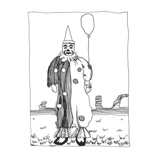 black and white illustration of a clown with a balloon tied to its wrist against a backdrop of the utah desert