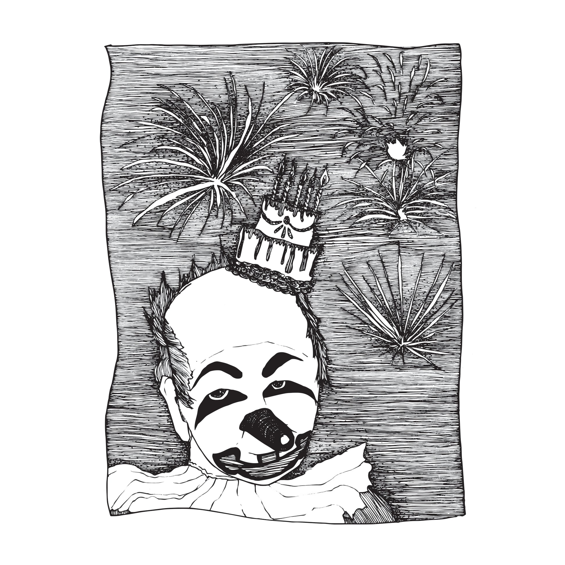 black and white illustration of a creepy clown, staring at you, with a birthday cake hat, with 5 lit candles, as fireworks go off over the clown's head