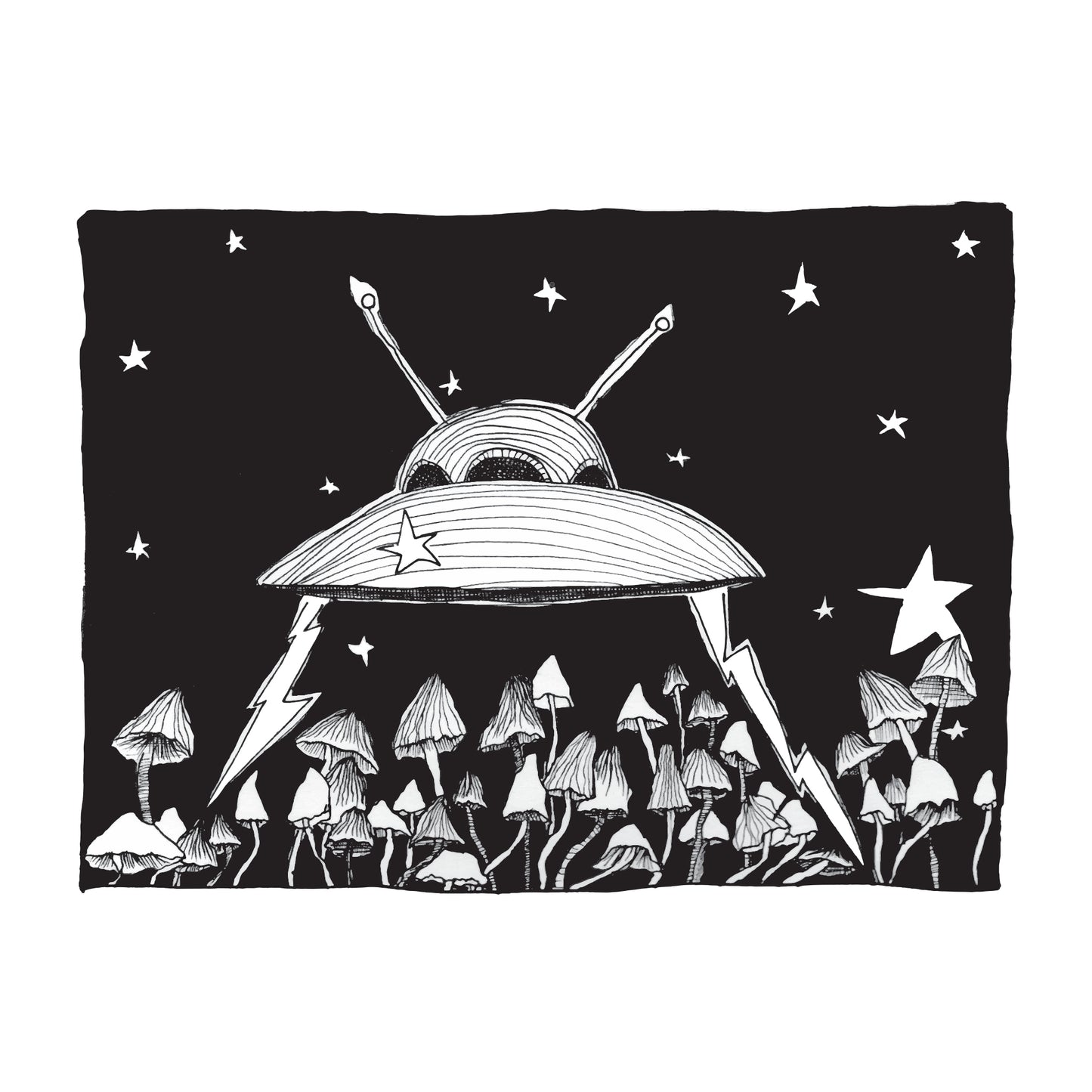 black and white illustration of a spaceship hovering above mushorooms on a starry night