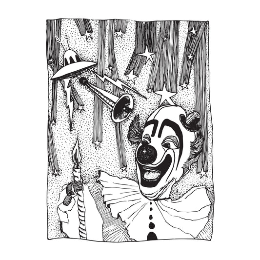 black and white illustration of a clown happily holding a lit candle on a night with falling stars all around while a spaceship points a horn at the clown