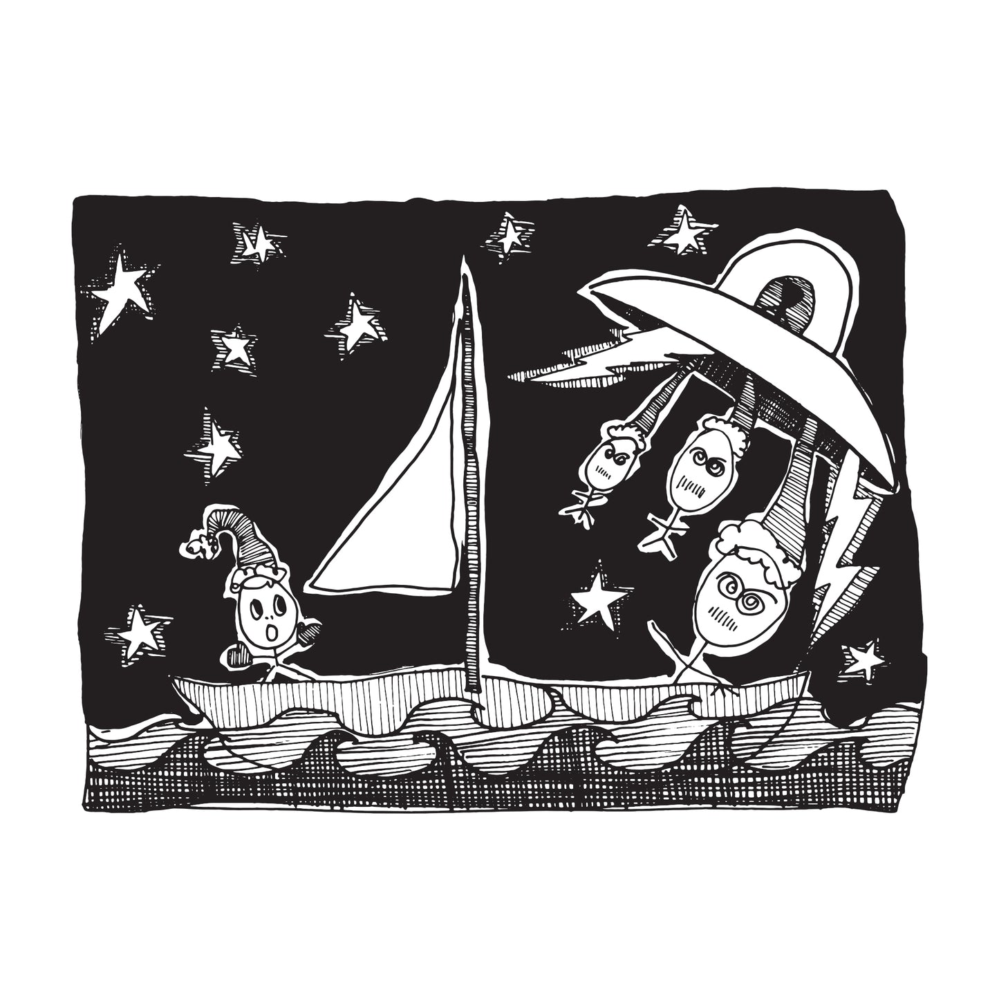 black and white illustration of alien elves sent from a space ship to invade a shocked solo elf's sail boat on a starry night in the middle of the ocean