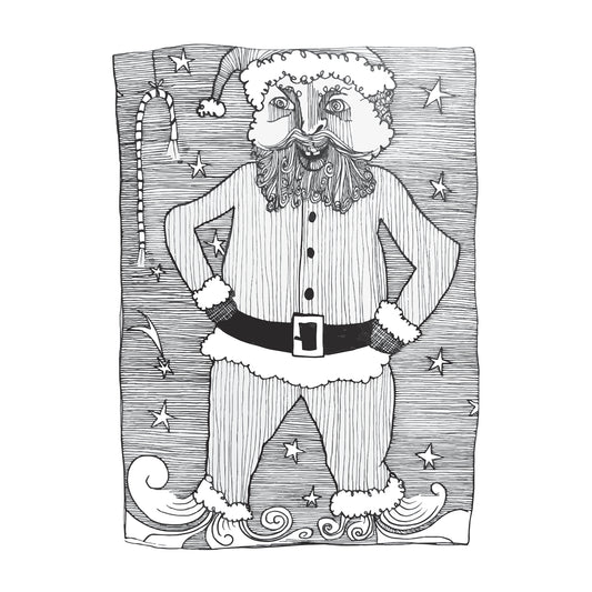 black and white illustration of a crazy eyed, sugar addicted Santa Claus flying after a candy cane tied to a string on a starry night