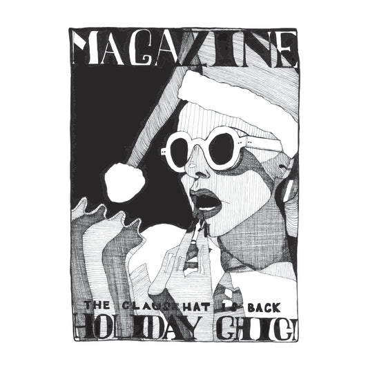 black and white illustration of a classic vogue magazine cover with a woman applying lipstick, wearing sunglasses and a santa claus hat