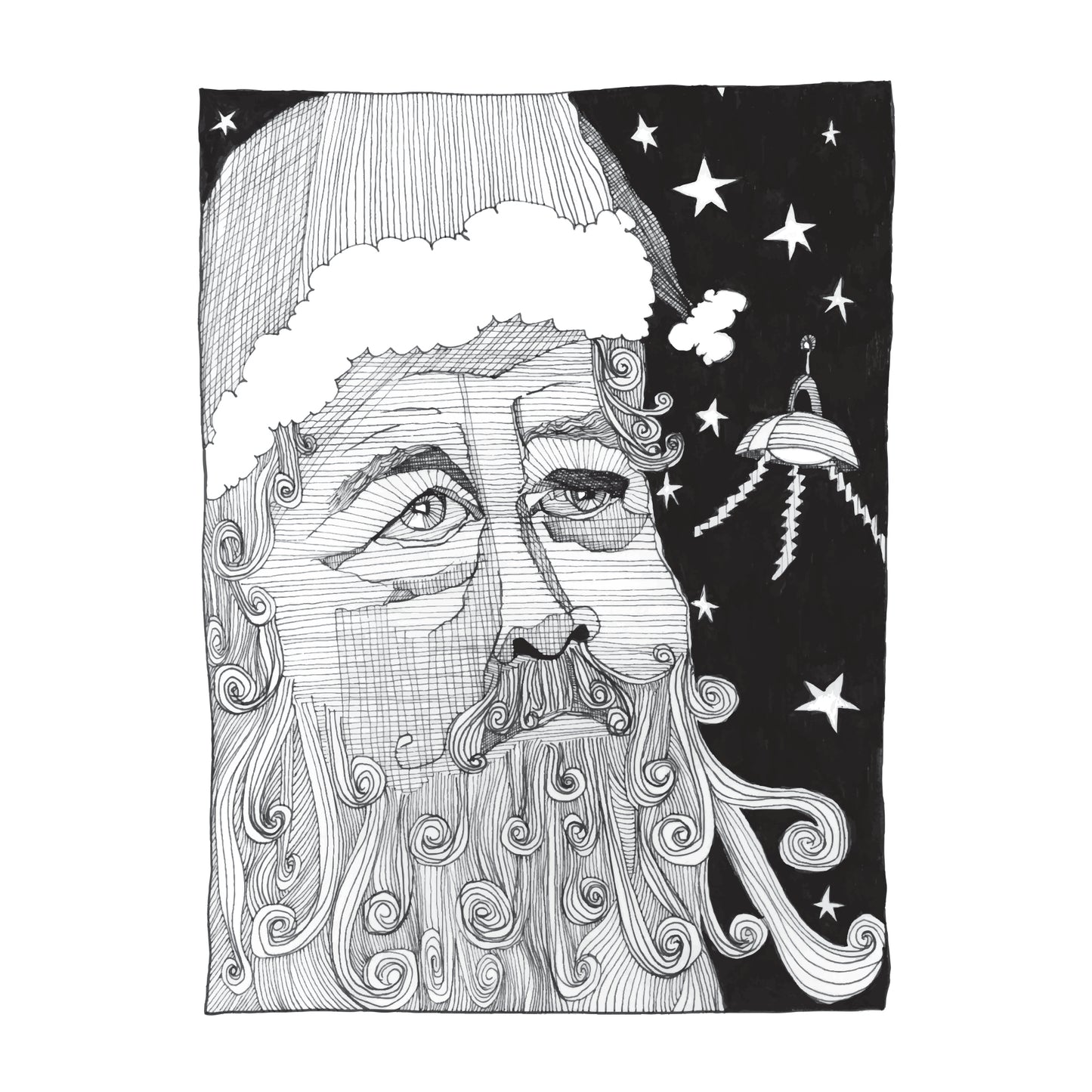 black and white illustration of Santa Claus staring peacefully at a spaceship on a starry night