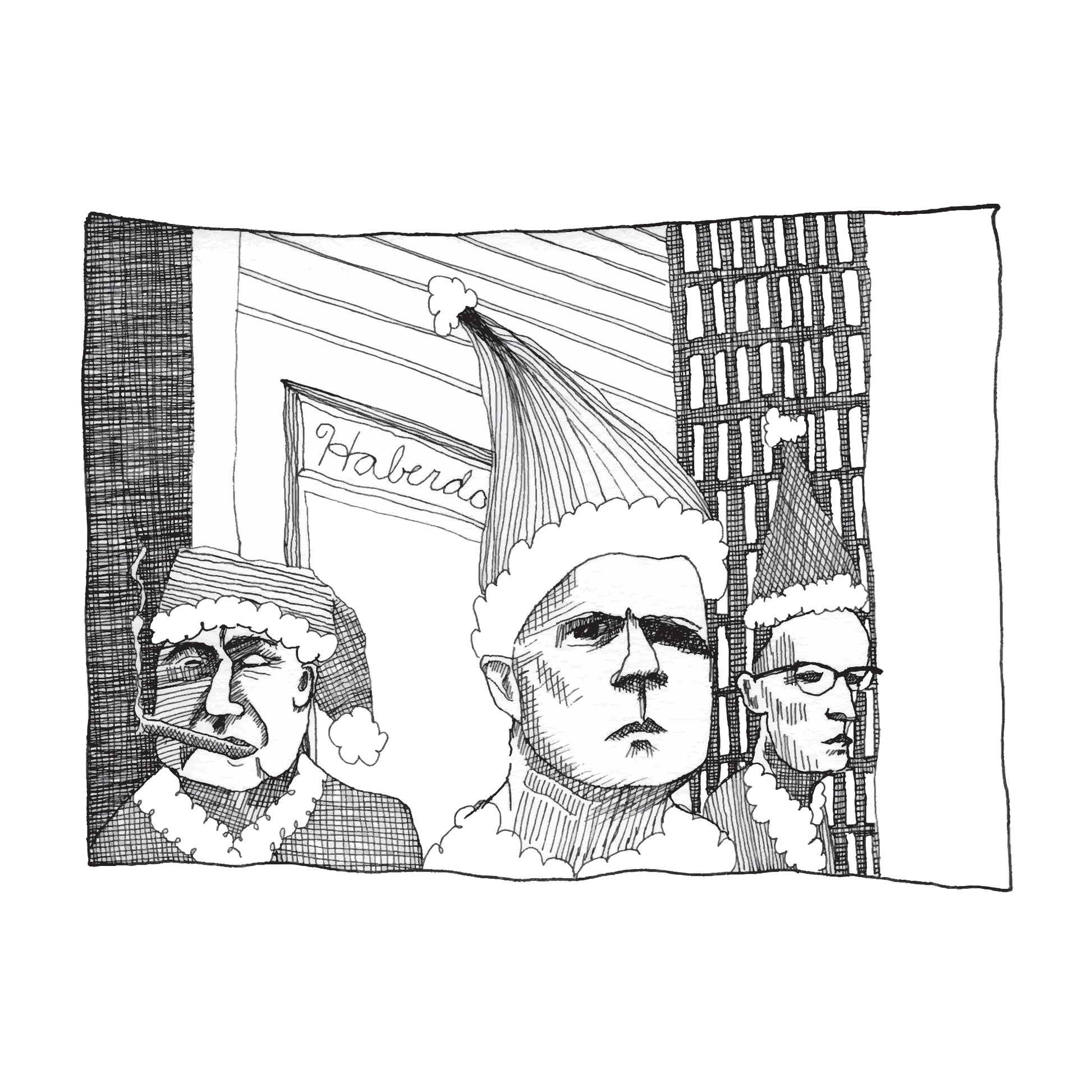 black and white illustration of three people wearing santa hats, outside of a haberdashery, mid day in a city