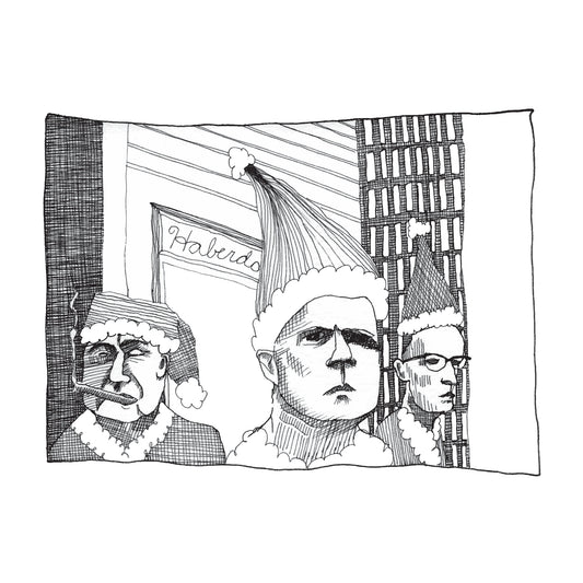 black and white illustration of three people wearing santa hats, outside of a haberdashery, mid day in a city